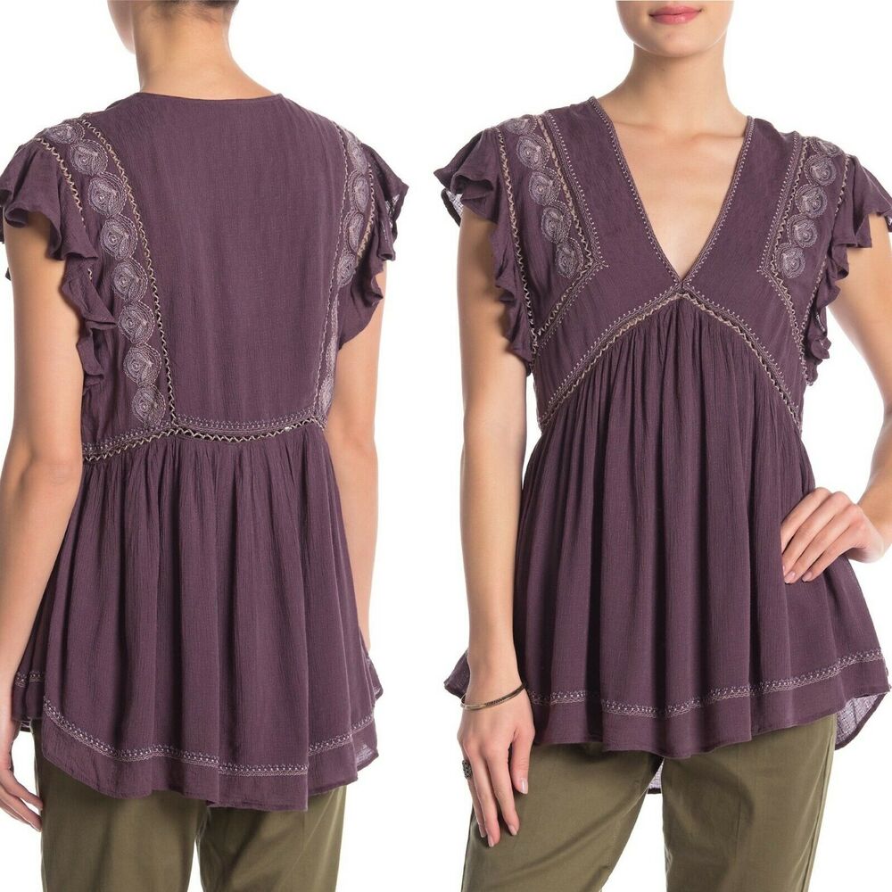 FREE PEOPLE Top Falling Water Plum Ruffle Sleeve Embroidered Tunic Top Small NWT